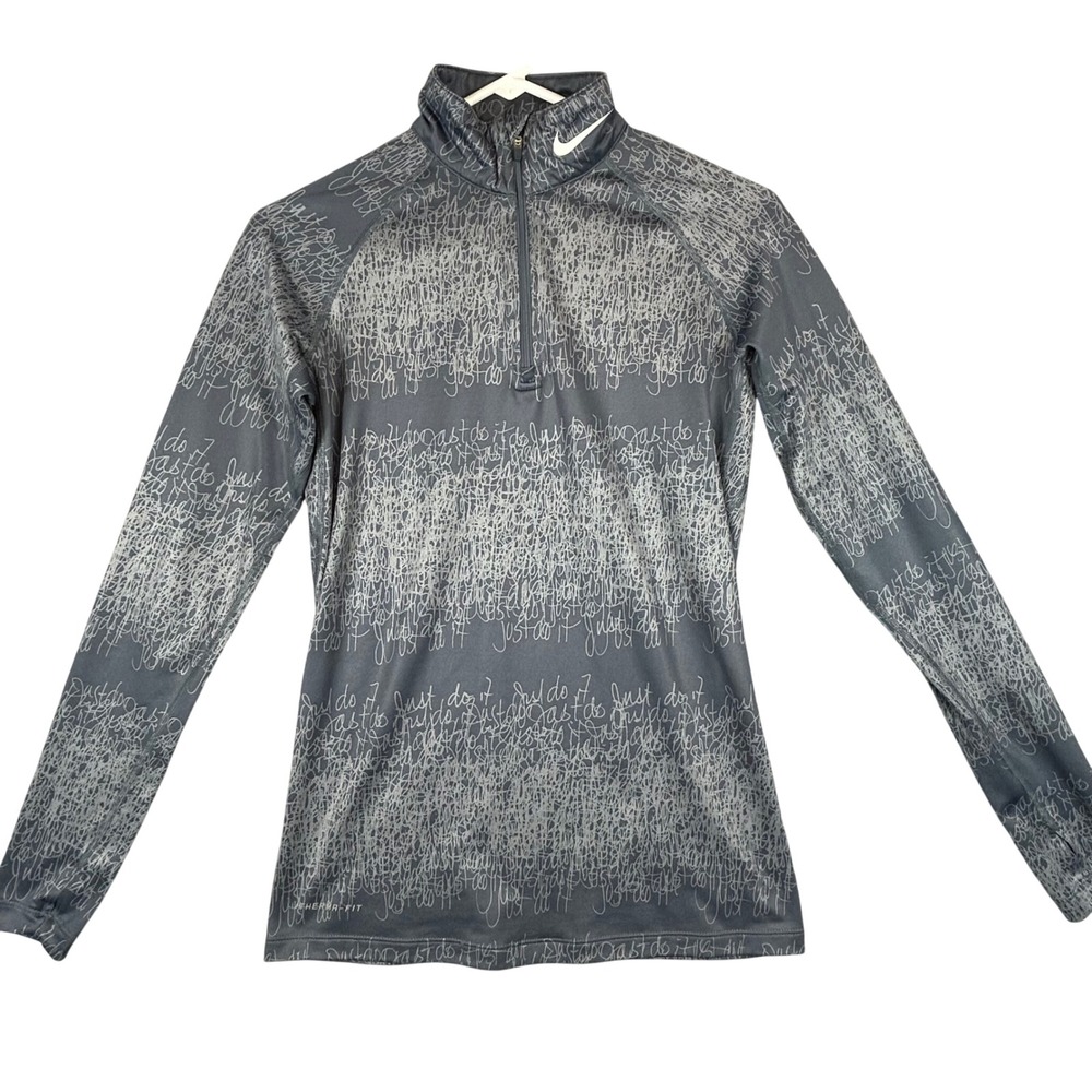 Nike‎ Therma-FIT Womens Gray Just Do It Scribble Print Quarter Zip Pullover M